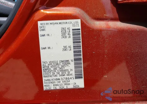 2021 Nissan Altima Sr Fwd from USA, damaged, VIN 1N4BL4CV8MN378645